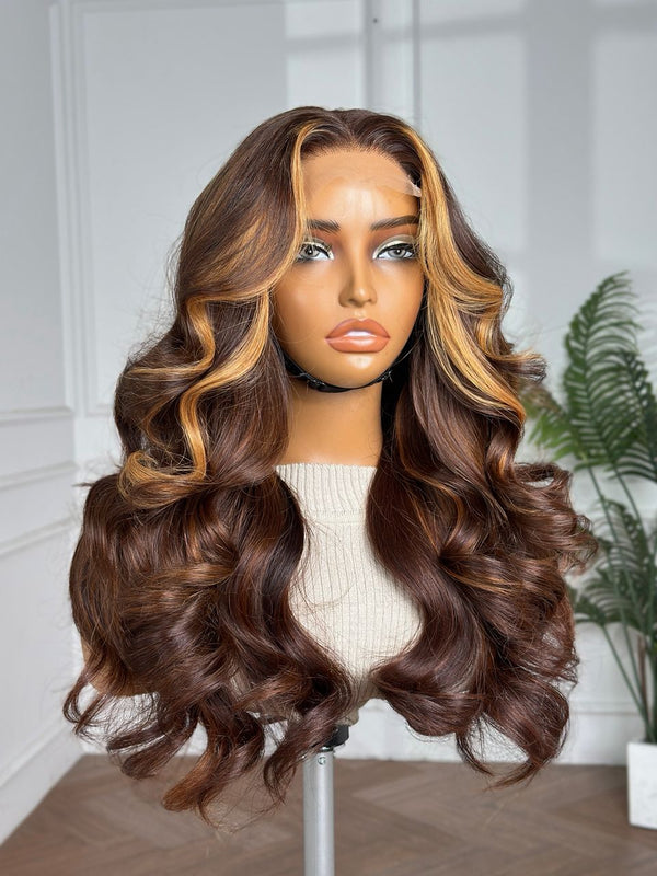 HARMONY| 18" | 4X4 | HD LACE CLOSURE | LIGHT BROWN W/ BLONDE STREAKS AROUND THE FACE| READY TO WEAR