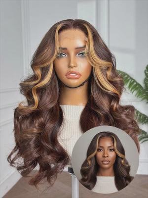 HARMONY| 18" | 4X4 | HD LACE CLOSURE | LIGHT BROWN W/ BLONDE STREAKS AROUND THE FACE| READY TO WEAR